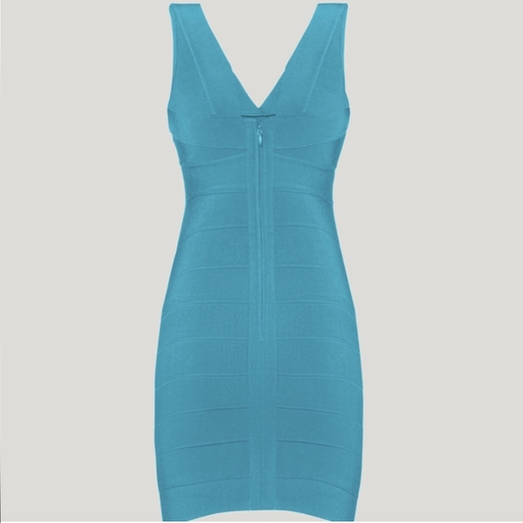 15. NWT HERVE LEGER V NECK MINI BANDAGE DRESS IN TURQUOISE - Picture 4 of 10